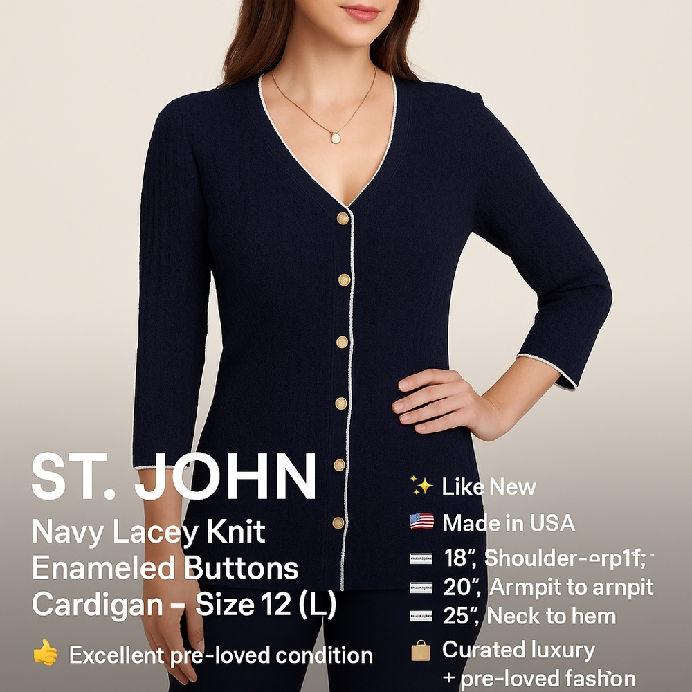St. John Collection Navy Lacey Knit Enameled Buttons Cardigan